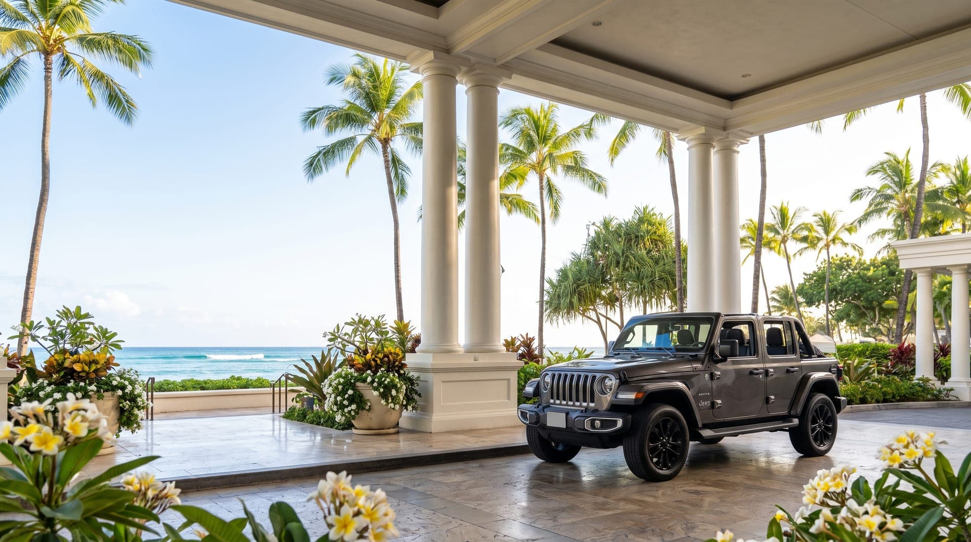 Rental car delivered to the entrance of a Waikiki beach resort, Honolulu, Hawaii